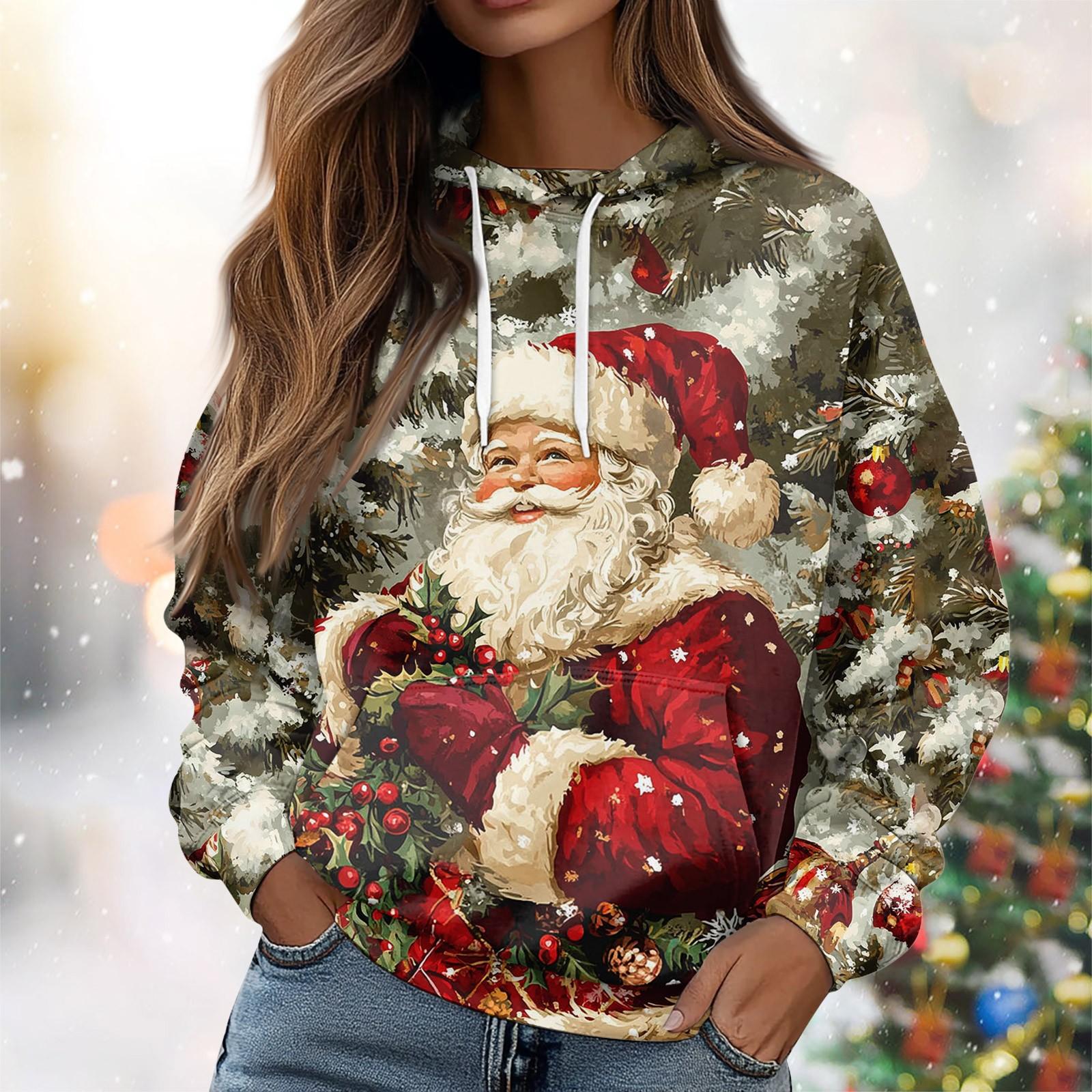 

Женская повседневная свободная толстовка с капюшоном и длинным рукавом с рождественским принтом на завязках L