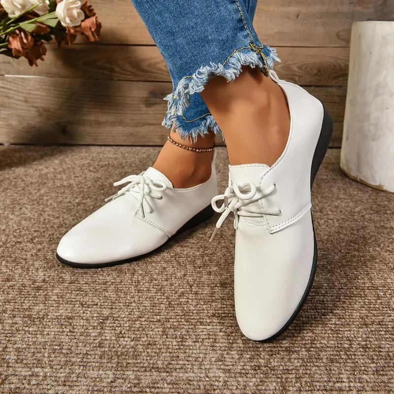 2024 Vânzări Fierbinți Culoare Solidă Pantofi Casual de Primăvară și Vară pentru Femei Pantofi Plați Coreeni cu Vârf Ascuțit cu Șireturi Pantofi Plați de Modă pentru Studenți