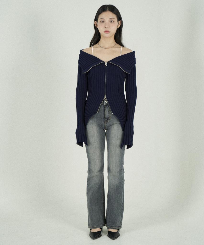 Tobaseu Off-Shoulder Two-Way Zip-Up Rib Knit (Navy)