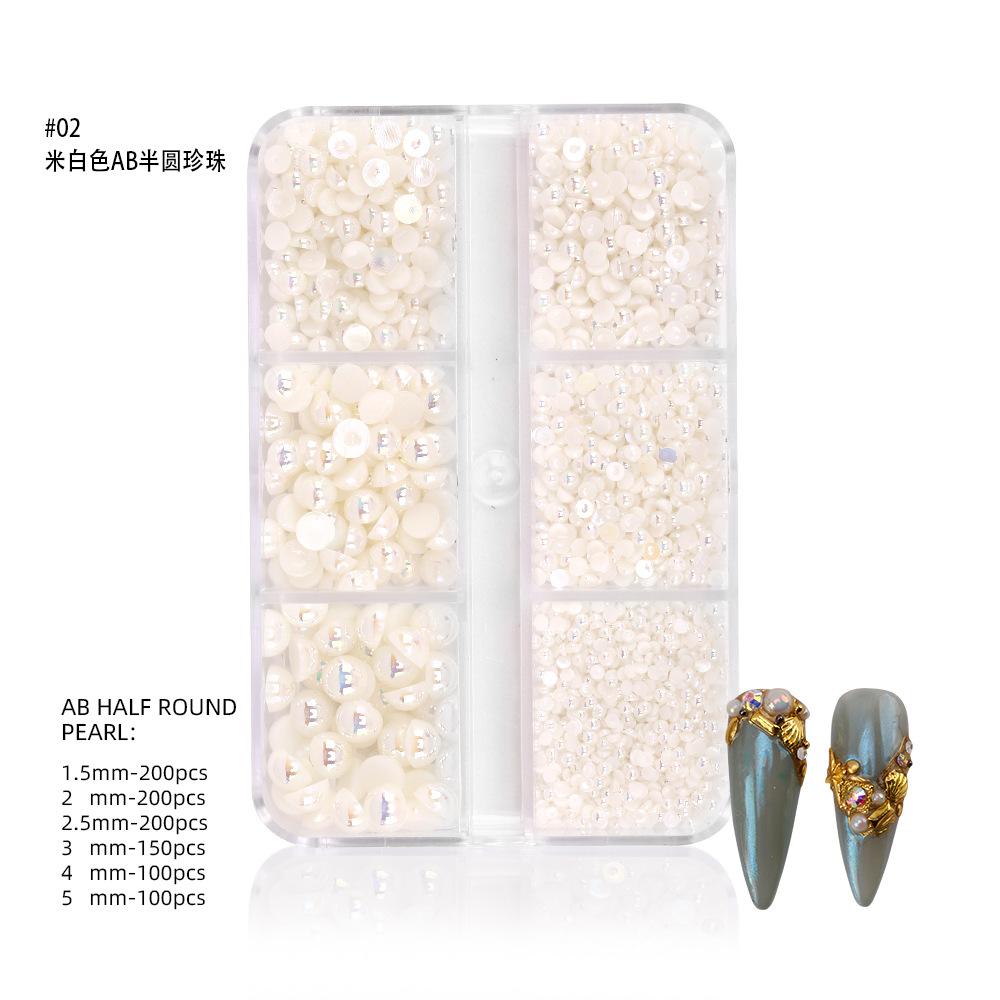 6-Grid Nail Art Pearl Ab Symphony Semicircle Abs Pearl Small Steel Ball Mixed Nail Jewelry