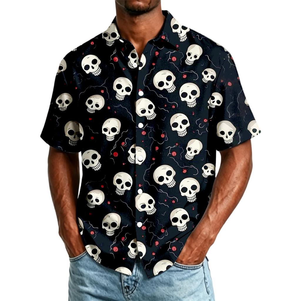 Herren Freizeithemd Kurzarm Button-Down Halloween-Print Leichtes Atmungsaktives Gewebe Lockere Passform Hemd für den Alltag