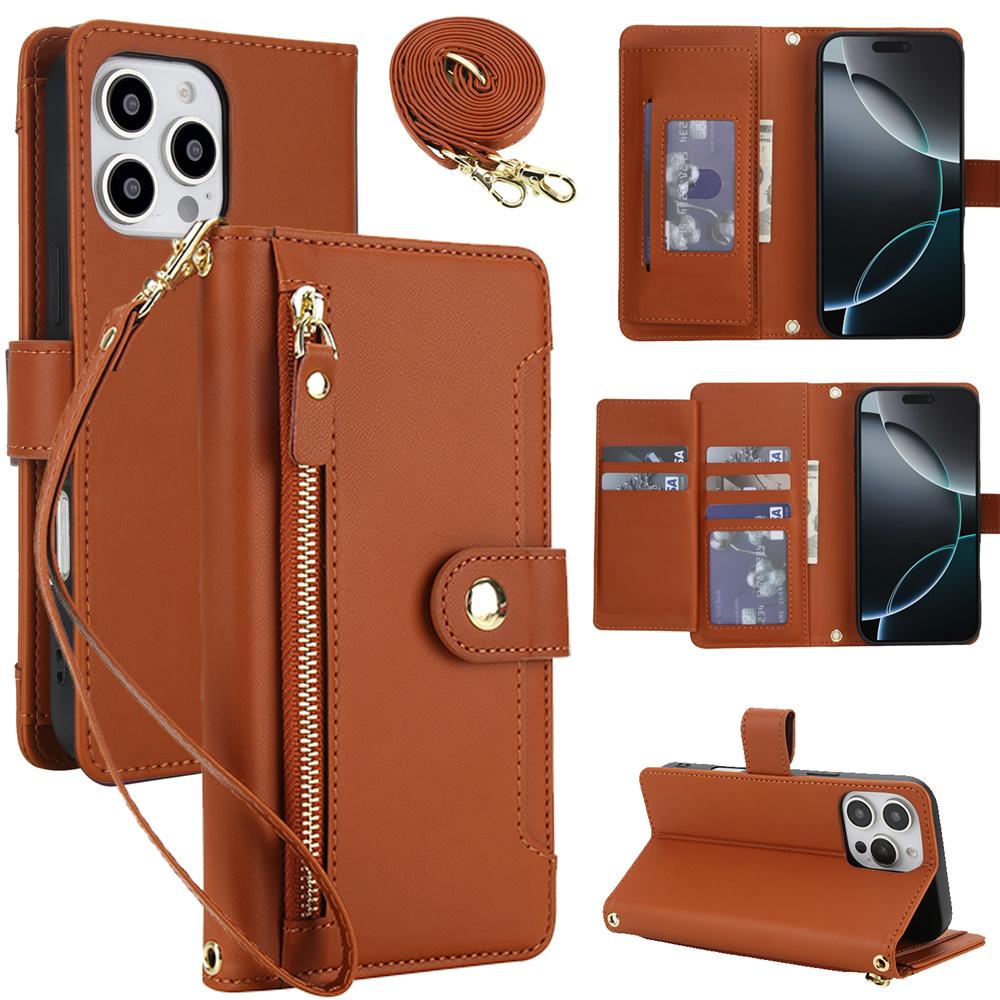 

Zipper Wallet Card Slots Crossbody Wrist Strap Phone Case for IPhone 17 Air 16 Pro Max 15 Plus 14 13 12 11 Flip Leather Cover iPhone 16 коричневий