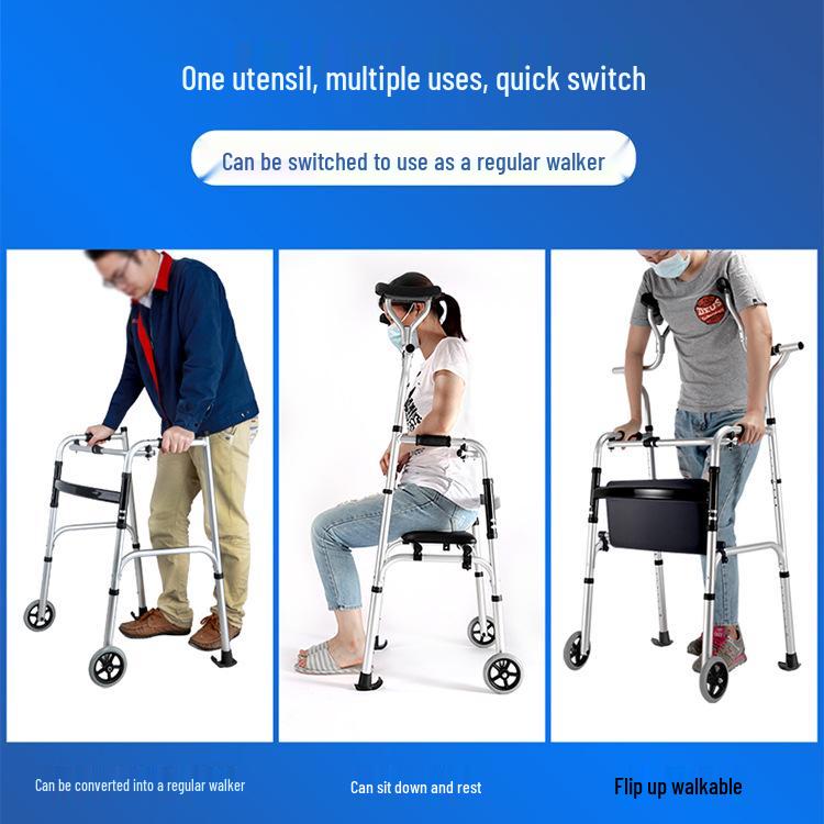 Aluminum Alloy Folding Walker with Wheels, Underarm Crutches, and Seat Cushion for Elderly Rehabilitation.