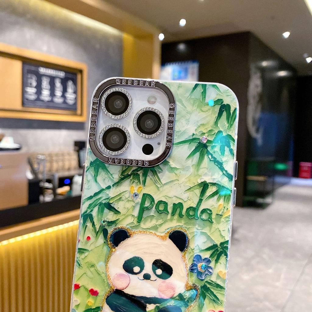 Bamboo Panda Applicable To Apple 16pro Blu-ray Cartoon Mobile Phone Case Oil Painting IPhone 15 Flash Powder Lens Case 14