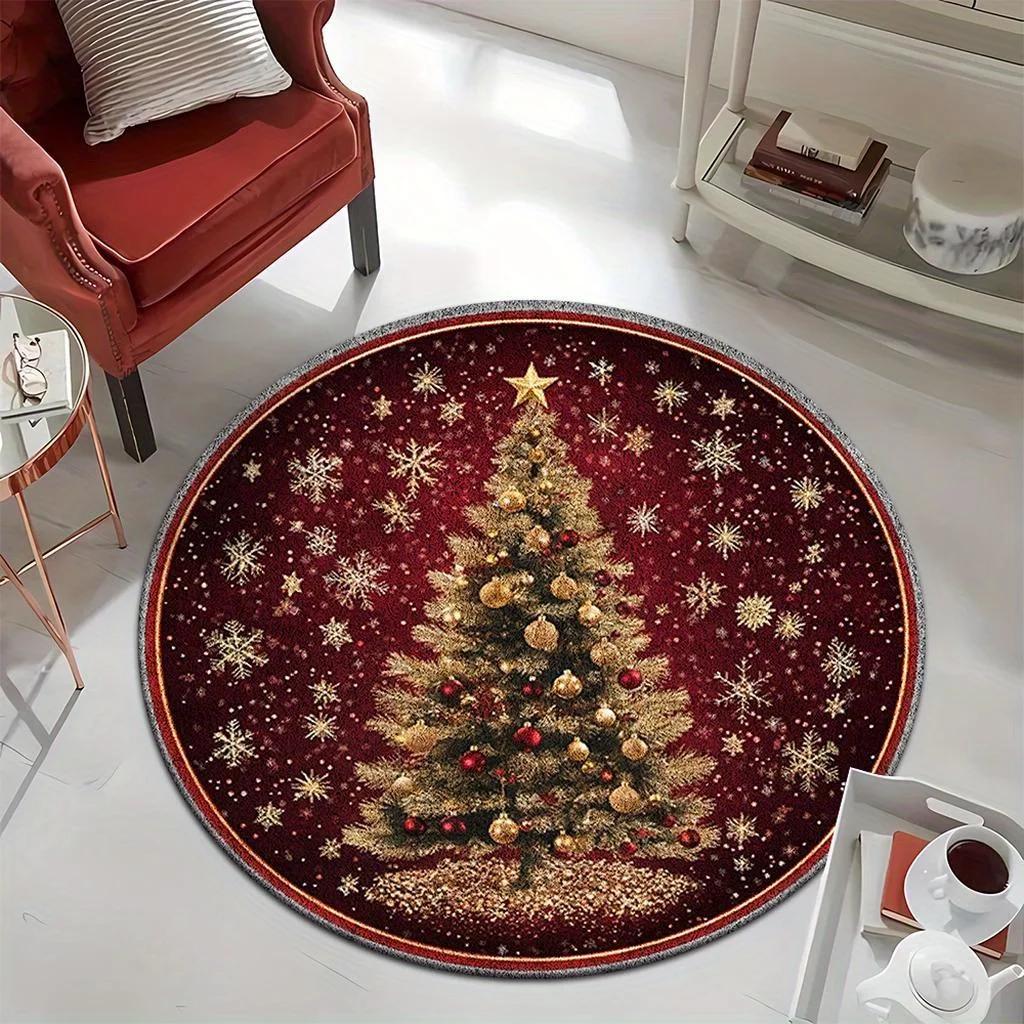 ~O~Christmas Theme Round Rug – Crimson Snowflake & Tree Pattern Festive Floor Mat for Living Room & Bedroom
