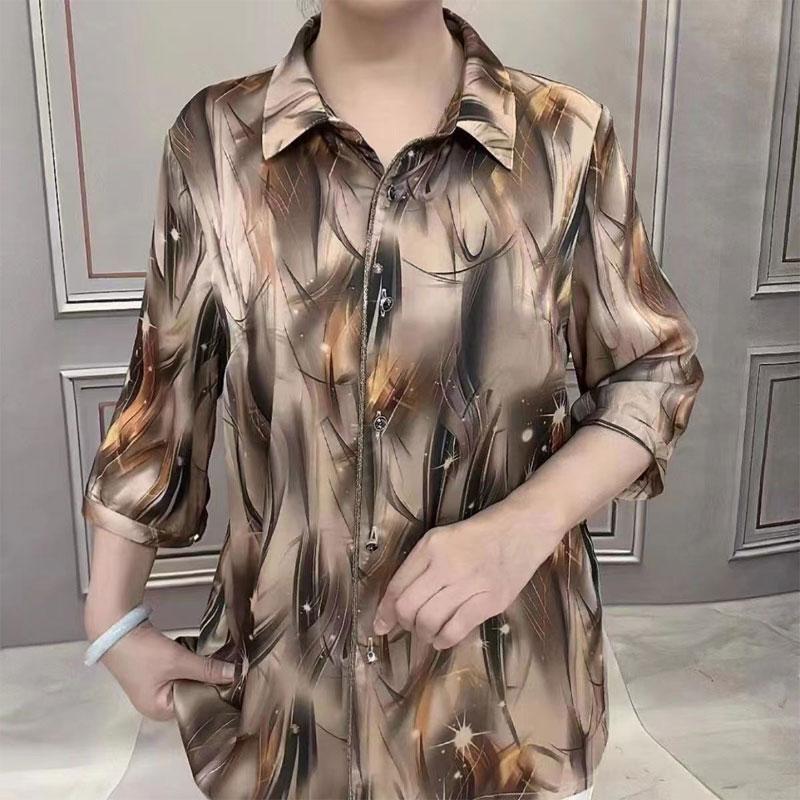 Vintage Printed 3/4 Sleeve Shirt Commute Spring Summer New Turn-down Collar Women's Clothing Casual Single-breasted Loose Blouse