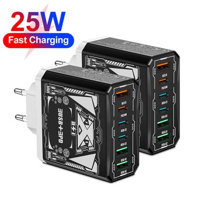 Cargador de pared rápido 6 en 1 de 25 W con 3 USB y 3 Tipo C para carga rápida para IPhone, Samsung, Xiaomi, Huawei, Oppo, adaptador para teléfono móvil