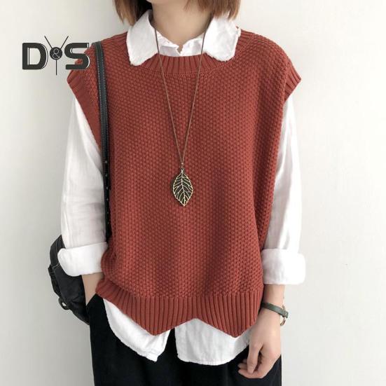 Women Knitted Vest Autumn Winter O Neck Solid Color Wavy Hem Warm Soft Loose Casual Female Ladies Waistcoat Sleeveless Top Knitwear