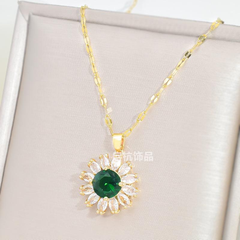 Emerald Sunflower Necklace Women'S Premium Light Luxury Temperament Zircon Pendant Clavicle Chain