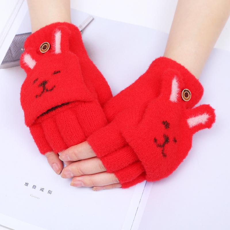 Student Writing Half Finger Flip Gloves Plush Cute Bunny Face Women Touchscreen Cold Proof Winter