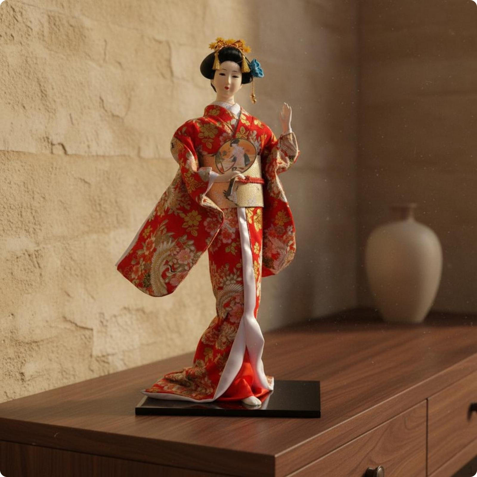 Japanese Geisha Figurine Wooden Base Doll