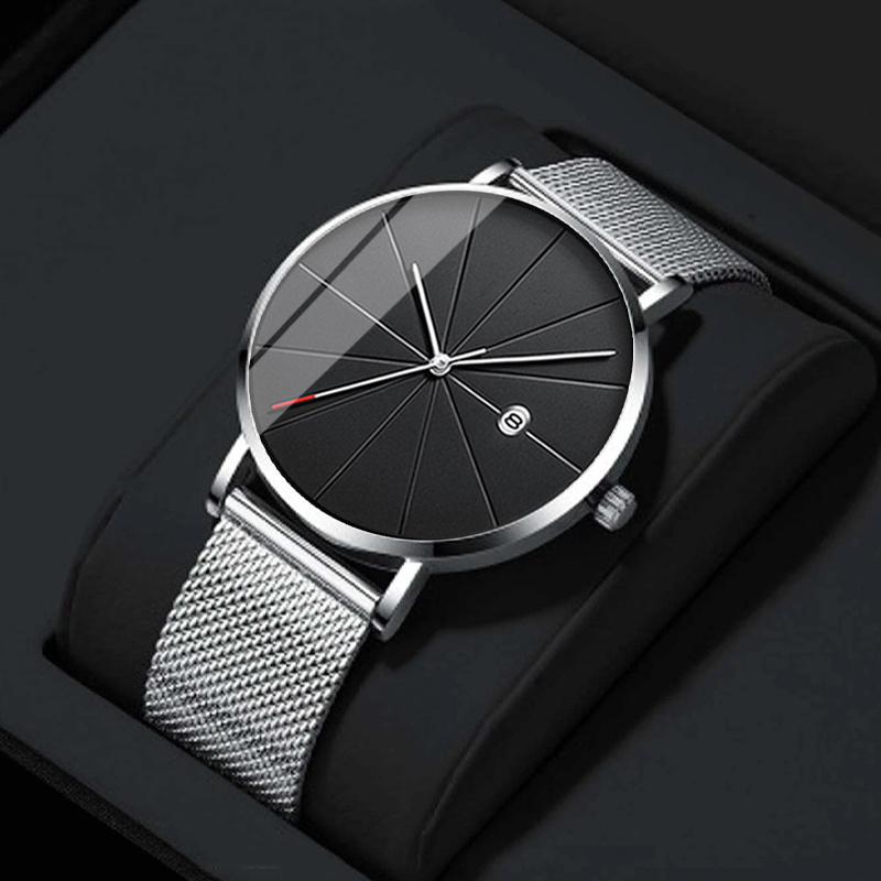 2 STÜCKE Set Mode Herren Kalender Uhren Luxus Männlichen Edelstahl Quarz Armbanduhr Uhr Männer Armband Armbanduhr & Armband