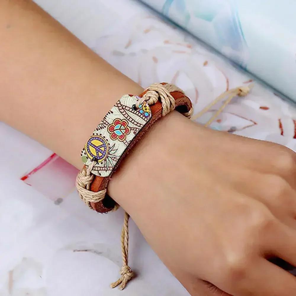 Men Vintage Punk Style Pyrograph Peace Sign Infinity Bangle Bracelet Leather Bracelets Stainless Steel Multilayer Braided Rope