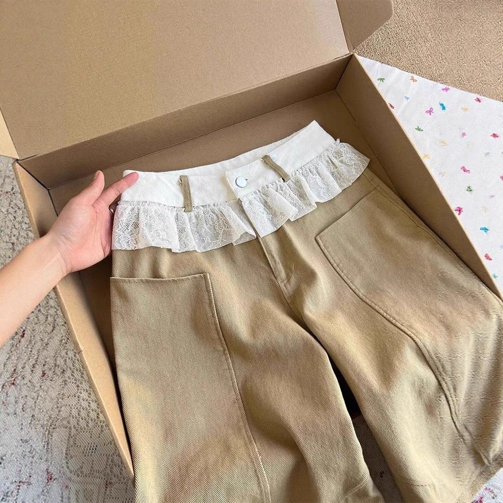 Khaki Jeans Women s Loose Texture Pendant Wide Leg Pants College Style Straight Floor Pants Khaki Wide-leg Jeans, Lace Ruffle Waistband Casual Pants S
