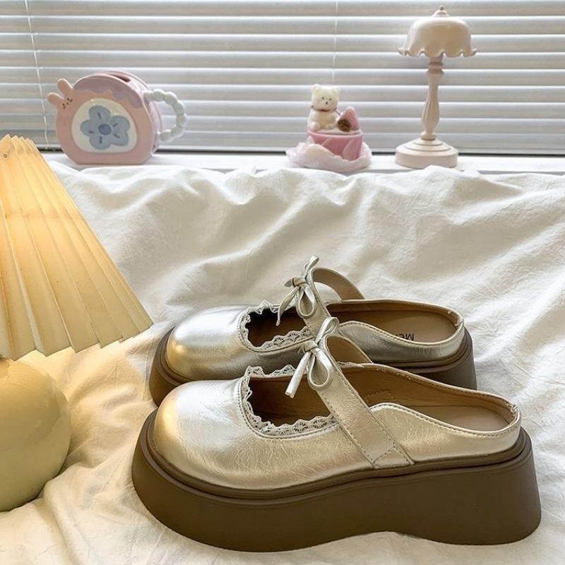 

Круглый носок, кружевной край, сумка на голову, полушлепанцы, новая обувь с одной педалью, студенческие туфли с бантом на платформе 40