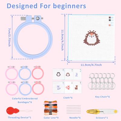 Kit de Démarrage Point de Croix 6 Pièces DIY Motifs d'Animaux de la Forêt Porte-clés Estampillés Outil de Fabrication Kit d'Artisanat à Coudre avec Instructions