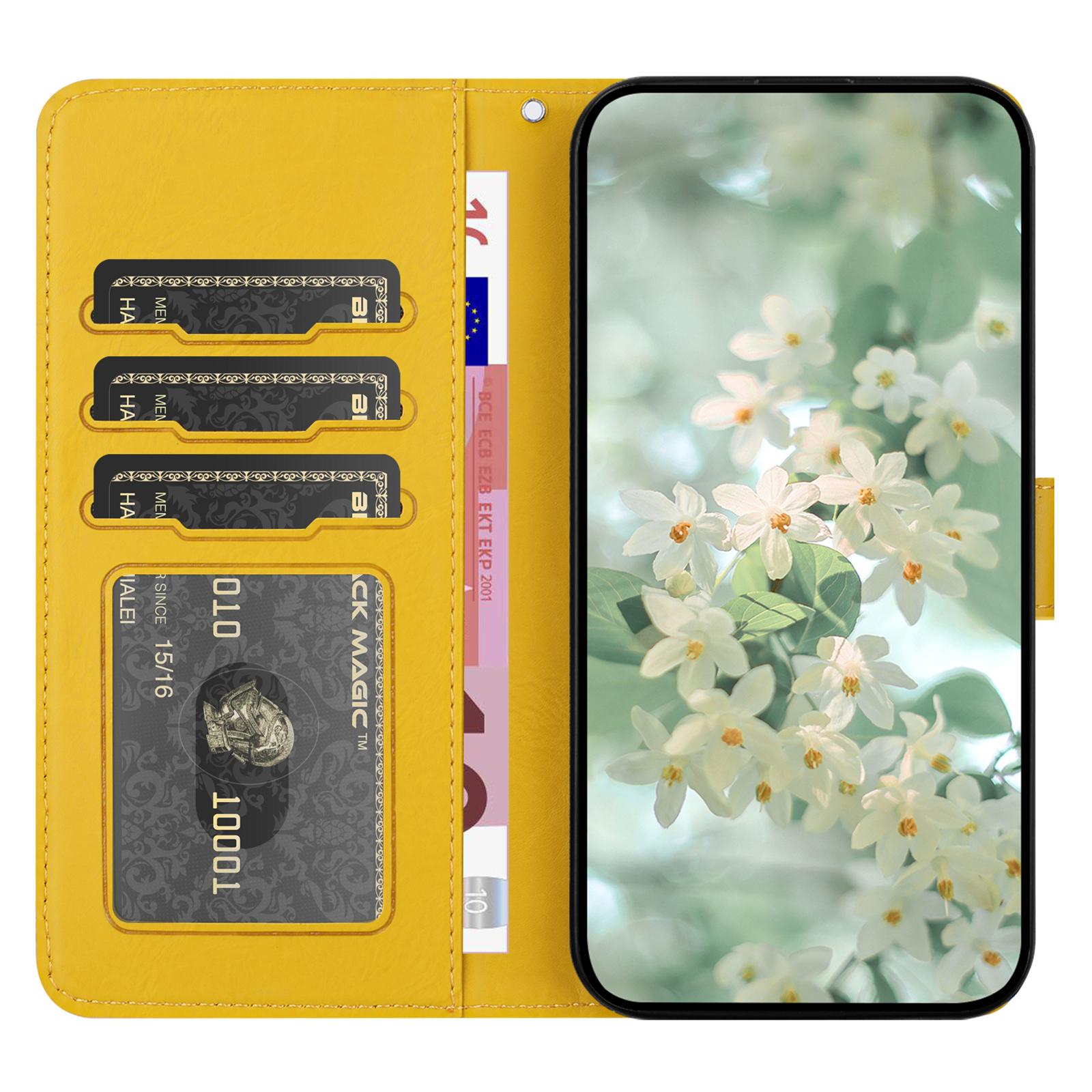 

For Samsung Galaxy S25 Ultra Case Flower Imprint Leather Flip Wallet Phone Cover with Wrist Strap Yellow