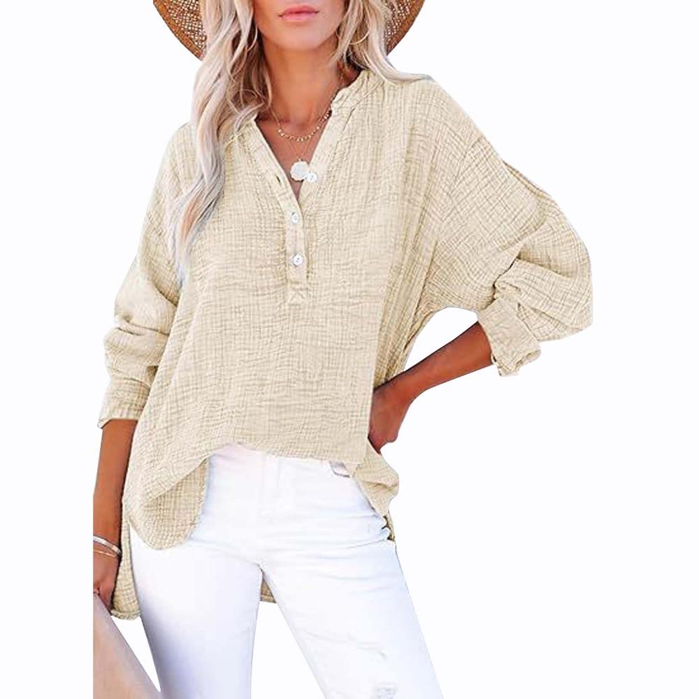 Women's V-Neck Long Sleeve Solid Color Casual Fashion Henley Blouse Shirt Top