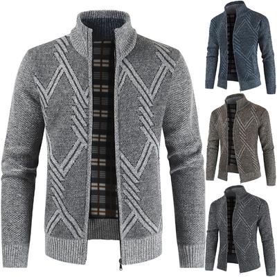 Casaco masculino de algodão casual tricotado com zíper cardigan masculino gola listrada quente inverno jumper