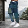 Men Plus Size Patchwork Printed Drawstring Waist Jogger Pants Side Pockets Cuffed Ankle Long Trousers
