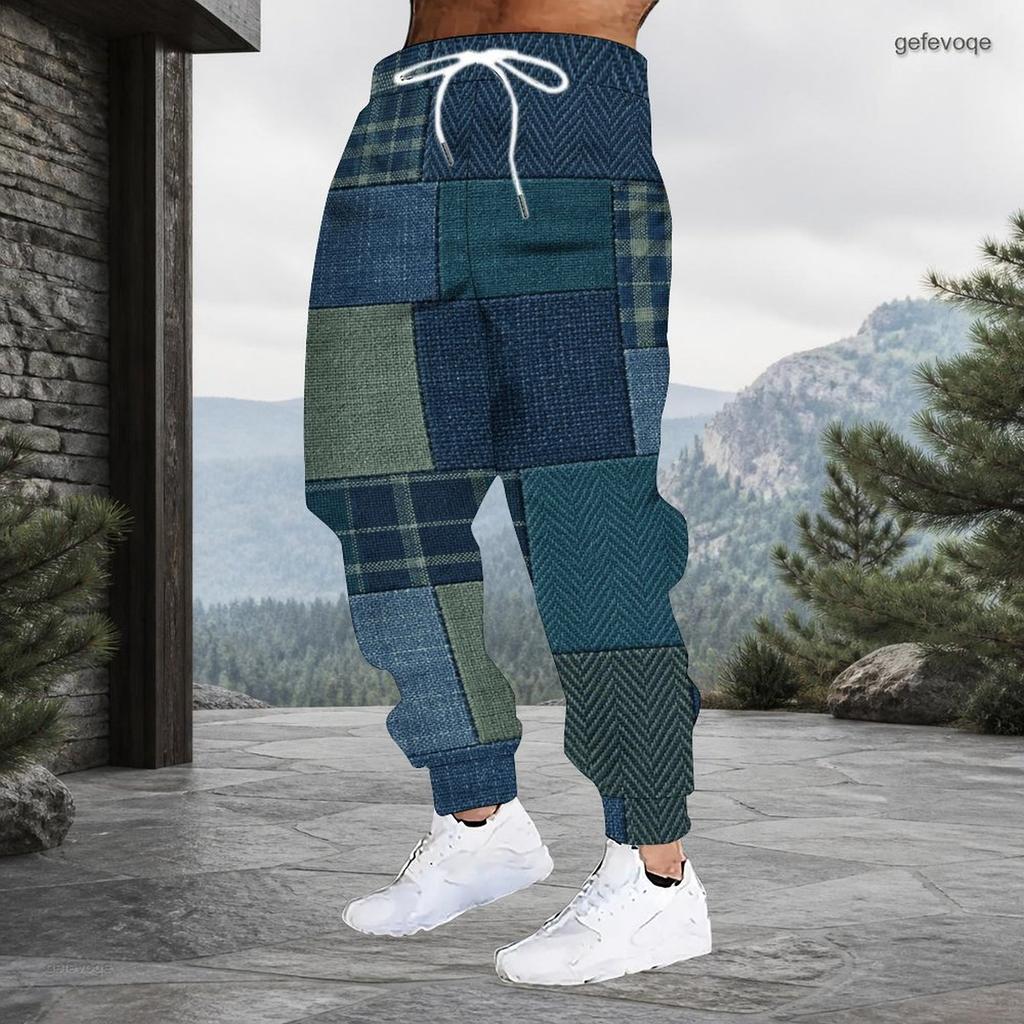 Men Plus Size Patchwork Printed Drawstring Waist Jogger Pants Side Pockets Cuffed Ankle Long Trousers