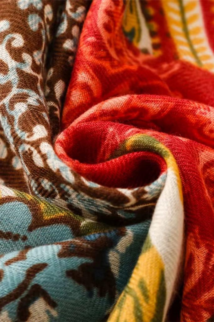 Boho Patchwork Scarf Red and Green - Patterned, 180X90