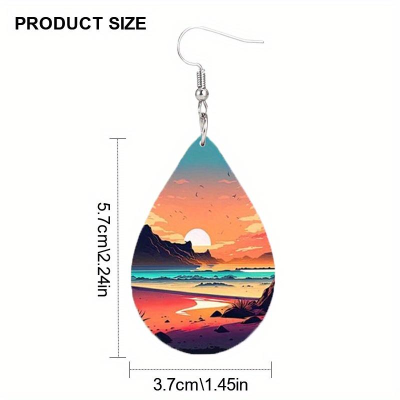 Colorful Aurora & Ocean Sunrise Pattern PU Faux Leather Earrings Women's Fashion Water Drop Dangle Earrings