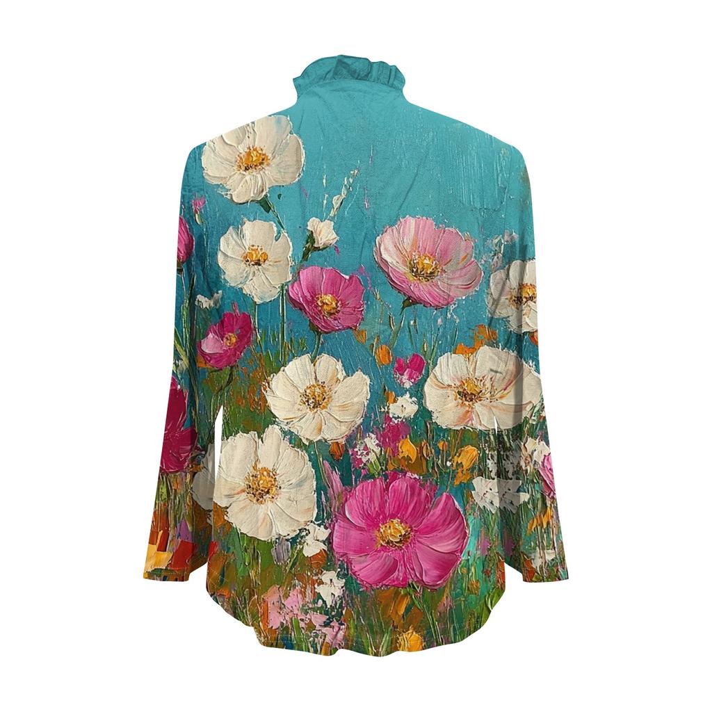 Women's Loose Ruffled Retro Floral Print Stand Collar Long Sleeve Cotton And Linen Top
