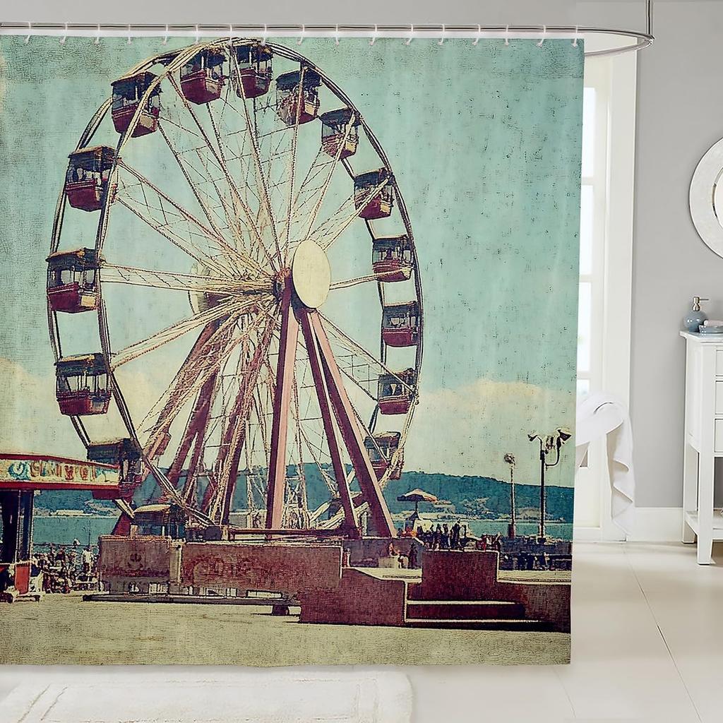 Cartoon Circus Bathroom Curtains Happy Holiday Shower Curtain Sets for Kids Boys Girls Funny Ferris Wheel Shower Curtain Funny