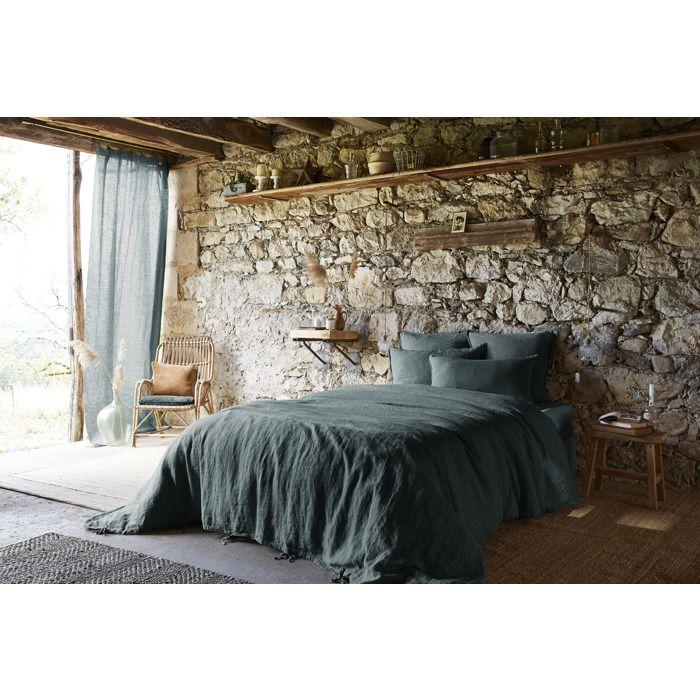 Drap Housse en Lin Lavé 140 x 190 cm Ardoise