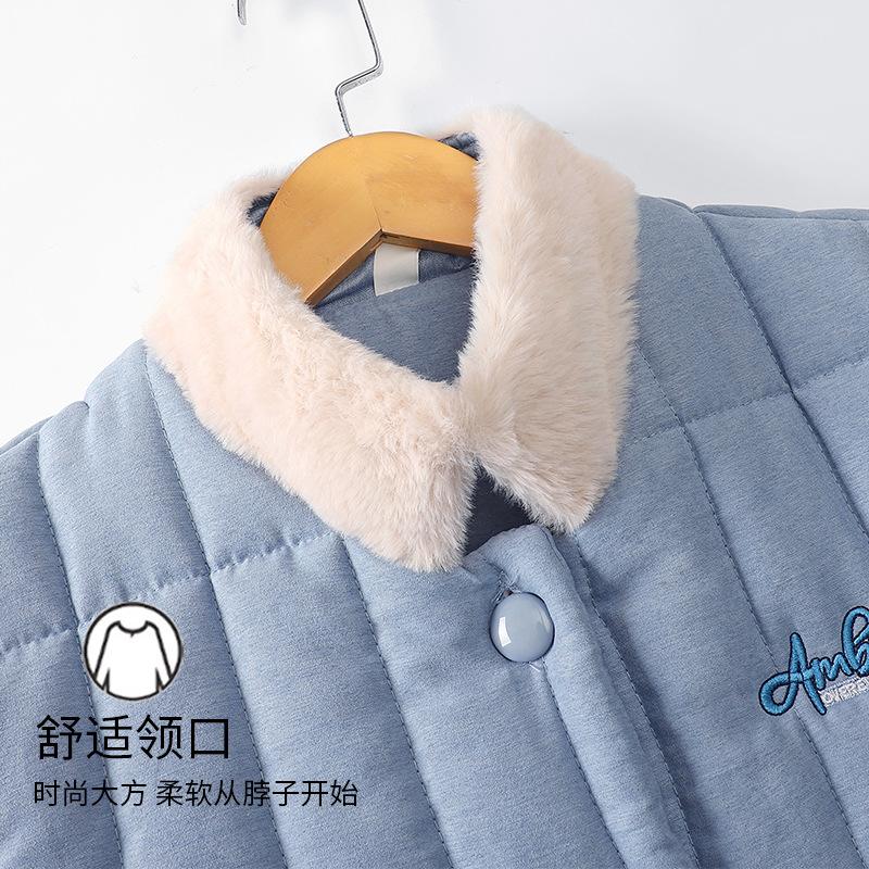 Pajamas Women'S Winter Three-Layer Thickened Fleece Coral Fleece Padded Cotton Women'S Flannel Winter Padded Jacket Loungewear Set