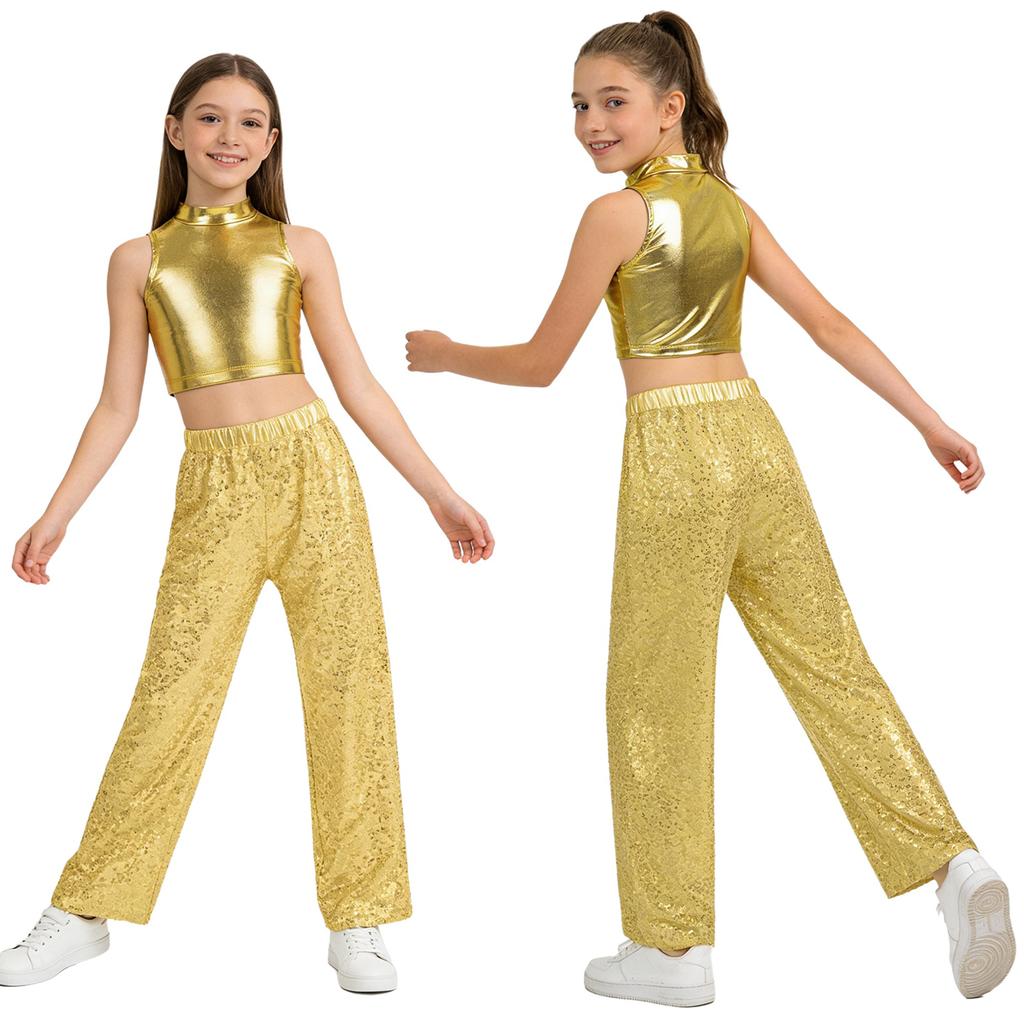 Kids Jazz Dance Costume Sleeveless Mock Neck Metallic Top and High Waist Sparkle Sequin Pants for Stage Competition