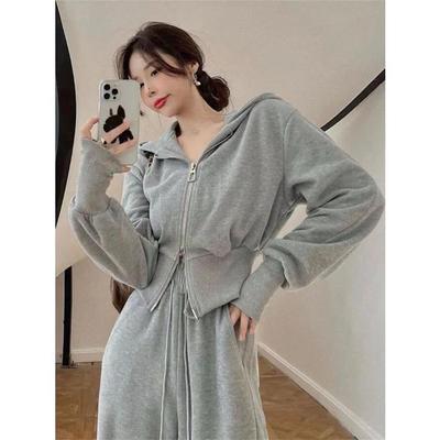 Women's Sports Suit Loose Fit Casual Sweatshirt Zip Up Bell Bottoms 2-Piece Set Korean Version