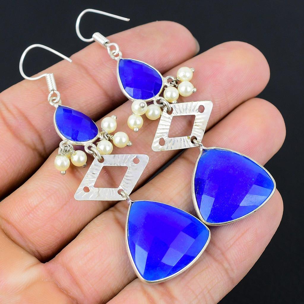 Blue Sapphire Gemstone 925 Silver Art Deco Drop Dangle Handmade Earrings Jewelry
