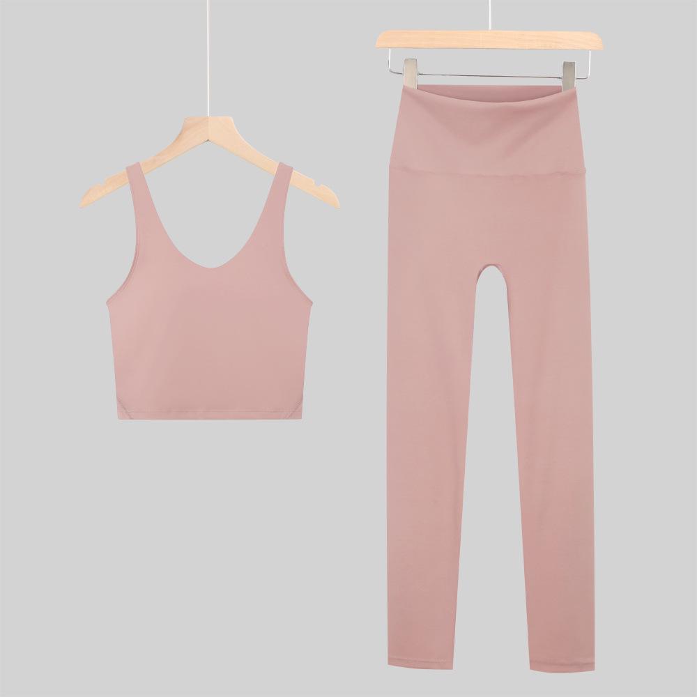 Lulu U-Back Sports Tank & 9-Point Yoga Pants Set with Bare-Feel Push-Up Bra for Women's Fitness