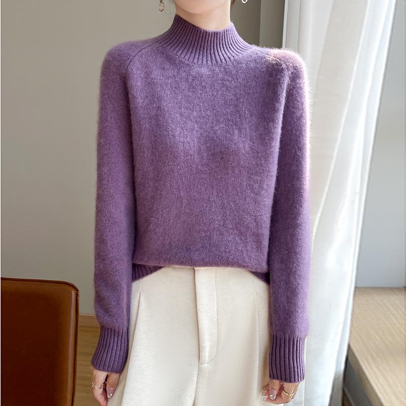 Women's Thick Wool Sweater - Half-High Neck, Raglan Sleeve, Warm & Loose Fit for Autumn/Winter