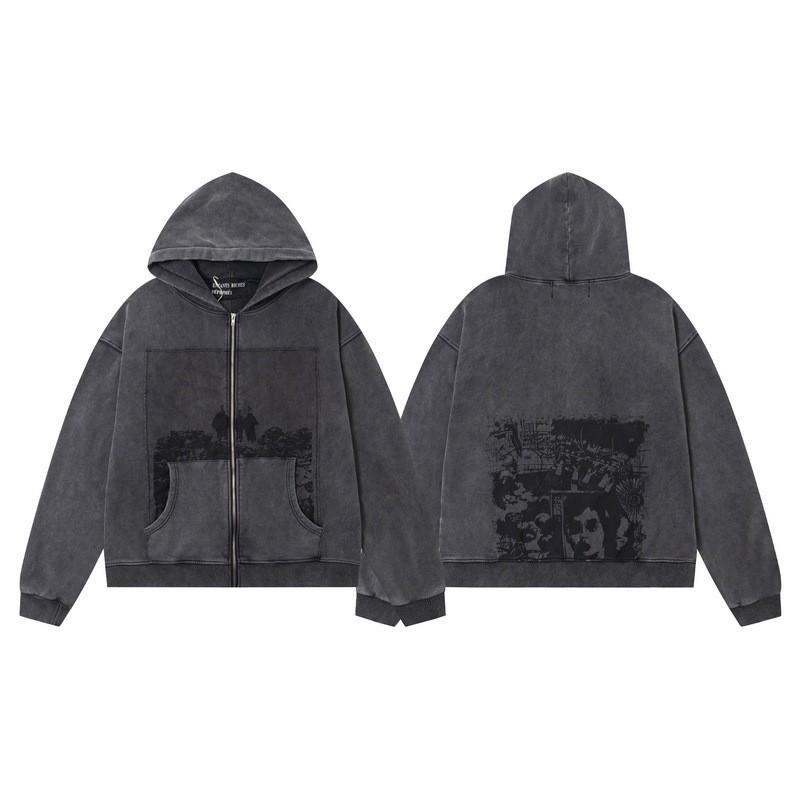 Mens Oversized Streetwear Hoodie With Distressed Zipper Graphic Print Cotton Long Sleeve Pullover Casual Wear