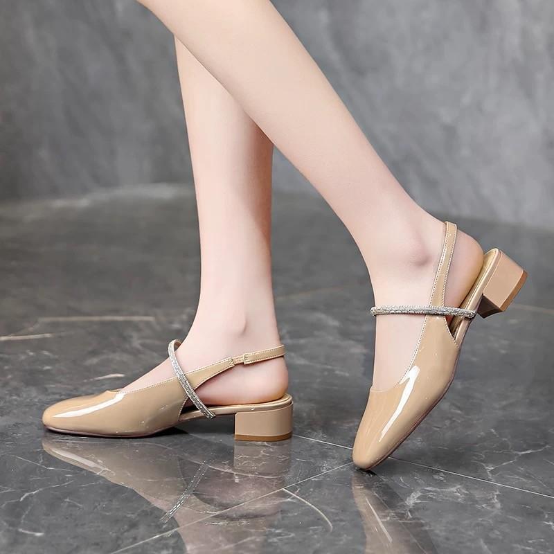 Baotou rear empty sandals female 2025 new fairy style French word with thick heel beautiful high heel rhinestone shoes