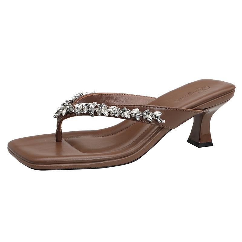 High-heeled Slippers Women's High-end Rhinestone Beaded Shoes 2025 New Summer Square-toed Herringbone Cool Slippers