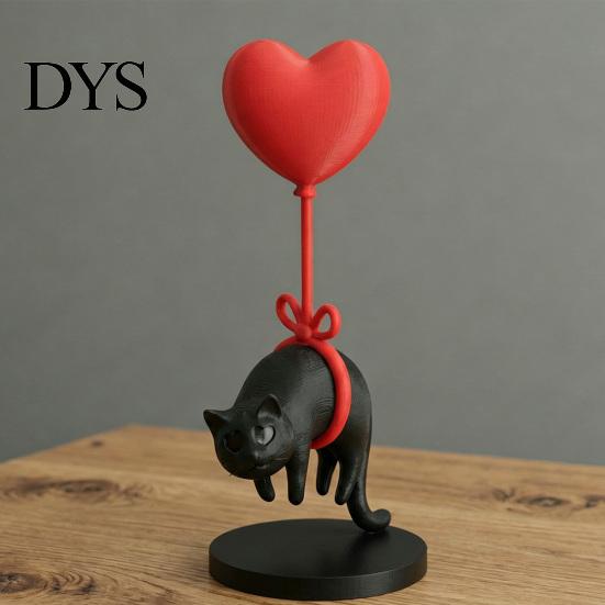 Solid Texture Cat Statue Floating Heart Balloon Figurine 3D Printed Cute Black Desk Accessory Romantic Desktop Ornament for Living Room Bedroom