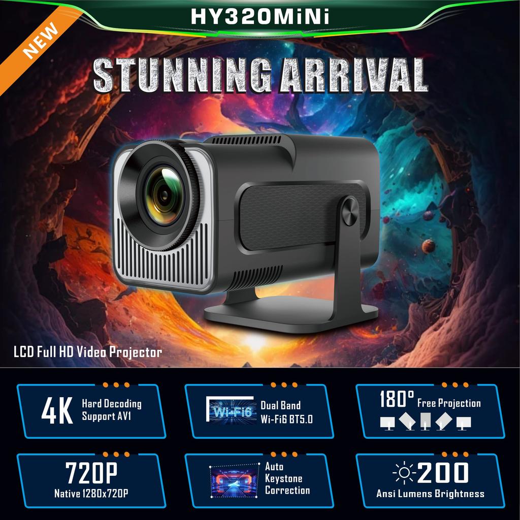 Mini Projetor Inteligente Hy320 4k Android 11 Dual Wifi6 200 Ansi Allwinner H713 Bt5.0 1080p 1980*1080p Home Cinema Projetor para Exterior