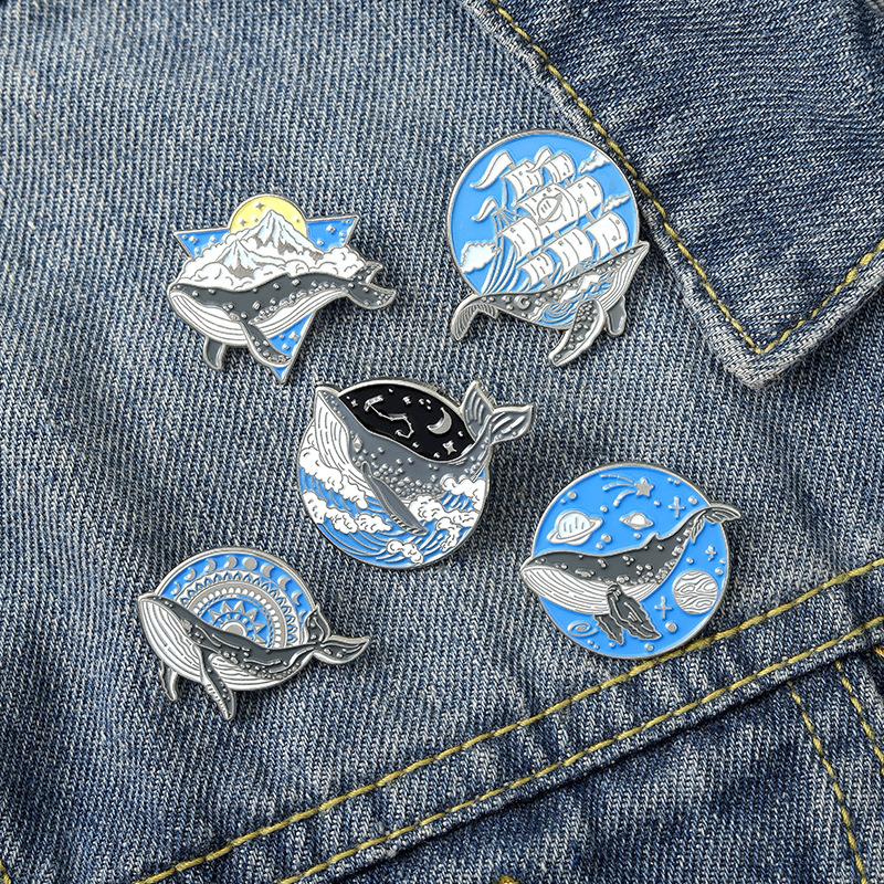 Ocean Sailing Adventure Brooch Cartoon Animal Whale Brooch Whale Space Travel Brooch Creative Backpack Badge Enamel Pins