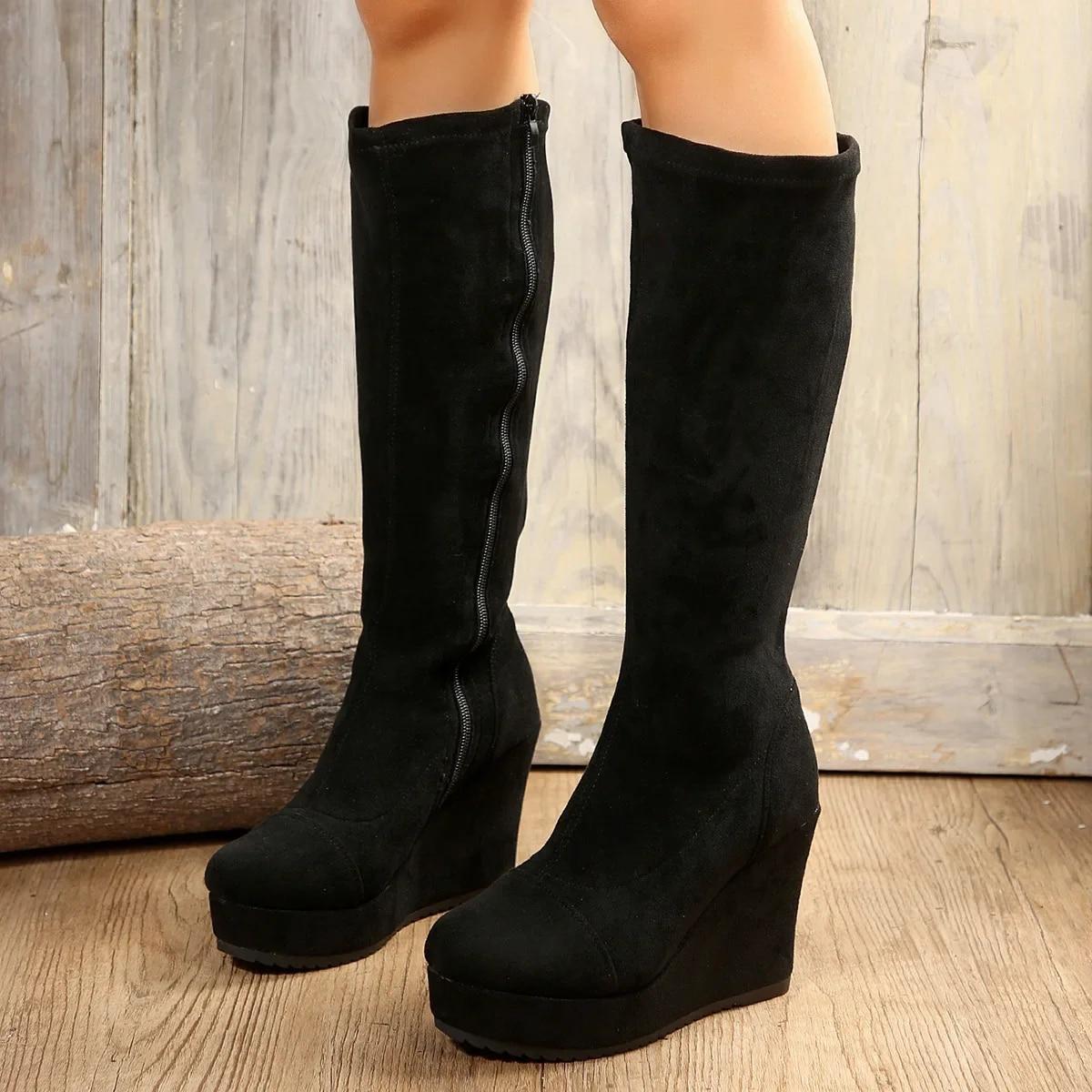 

Женские ботинки на толстой подошве на танкетке, осень 2023, новые эластичные высокие сапоги, женская обувь, модные высокие сапоги в стиле ретро, ​​Zapatos De Mujer, 2023 40 чёрный