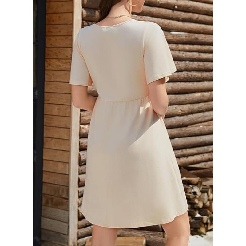 YYFS Women's Fashion Summer Spring Flower Pattern Print Short Sleeve V-Neck High Waist Casual Dresses