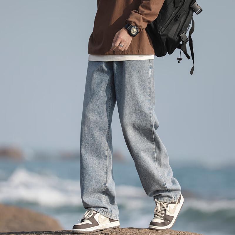 Homlean Men's American High Street Washed Loose Straight Leg Denim Jeans