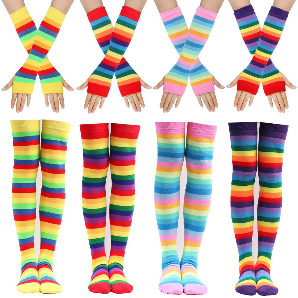 Damen Oberschenkelhohe Strümpfe Armstulpen Handschuhe Set Damen Mädchen Schwarz Weiß Gestreift Lange Overknee Socken Cosplay Lolita
