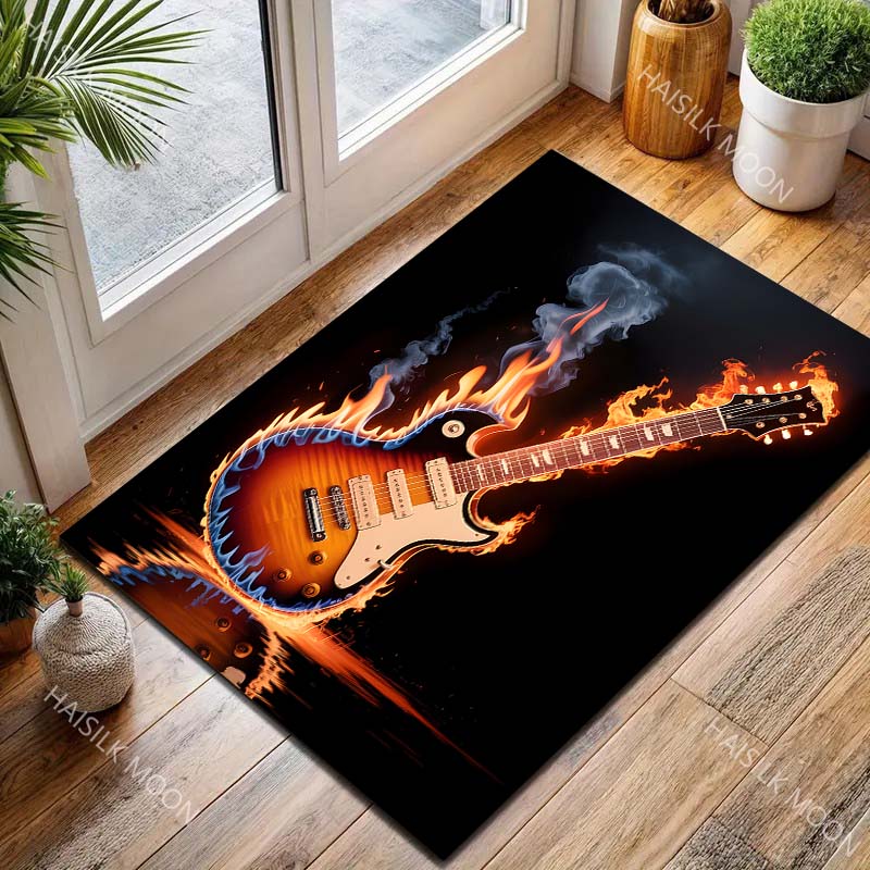 Flaming Electric Guitar Smoke Reflection Print Carpet for Living Room Bedroom Sofa Home Decor Rus Non-slip Floor Mat Luxury Gift
