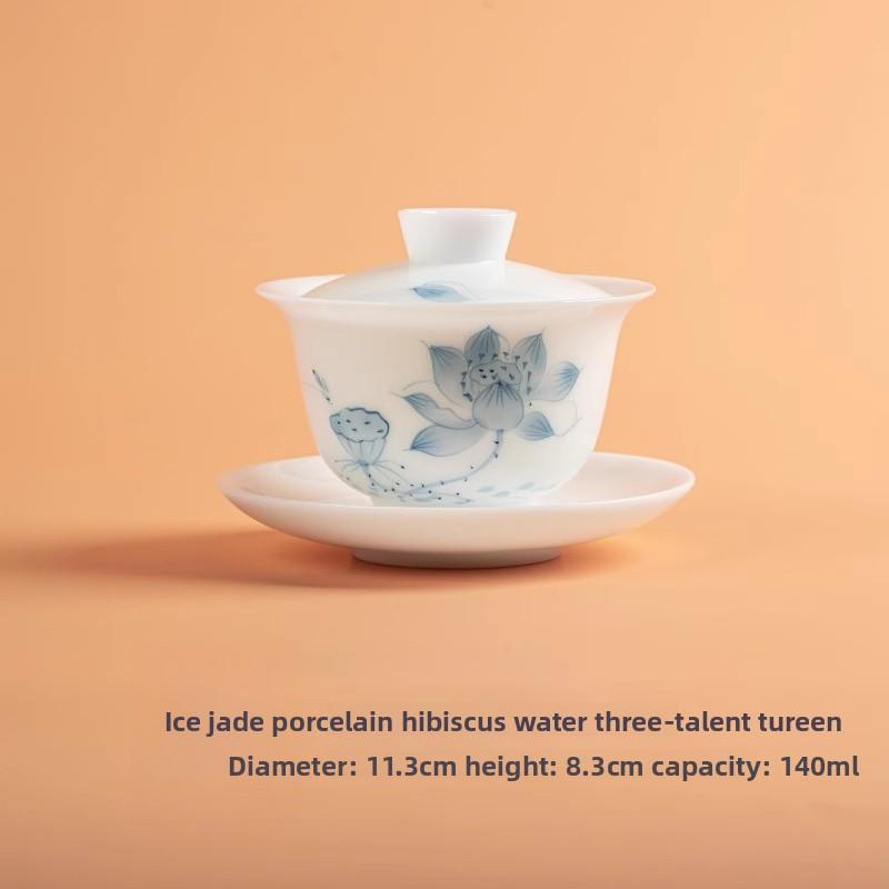 Porcelain Tea Set Chinese Tea Cup Hand Painted Lotus Gaiwan Luxury Gongfu Tea Ware Jade Ceramic Gift for Home Office Decor