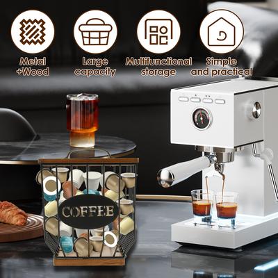 Coffee Capsules Holder Metal Large Capacity Coffee Pod Organizer with Wooden Lid for for Coffee Bar Counter Storage Container