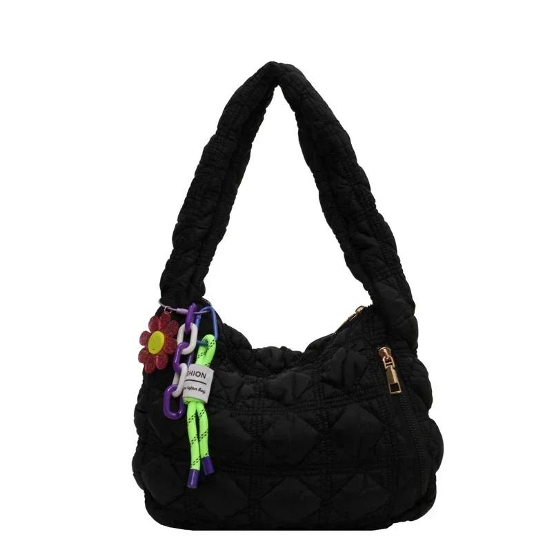 Hobo axelväska med dragkedja mångsidig modeväska enkel pendelformad crossbody-väska mjuk bomull monokrom